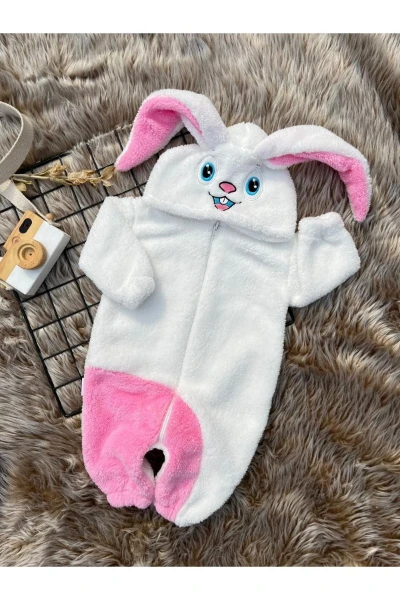 Welsoft Peluş Fermuarlı Kışlık Tavşan Kız Bebek Uyku Tulumu - BEYAZ-PEMBE