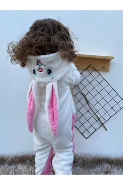 Welsoft Peluş Fermuarlı Kışlık Tavşan Kız Bebek Uyku Tulumu - BEYAZ-PEMBE
