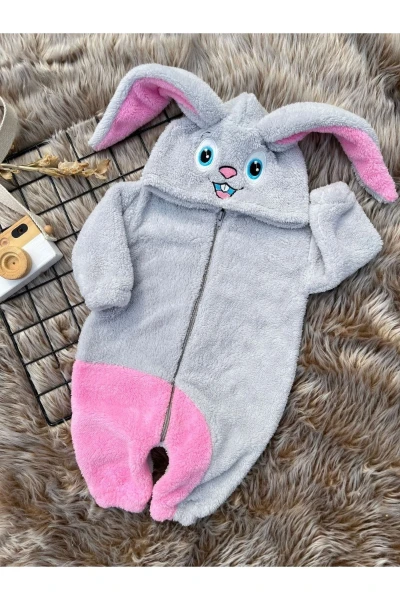 Welsoft Peluş Fermuarlı Kışlık Tavşan Kız Bebek Uyku Tulumu - GRİ-PEMBE