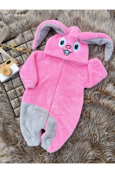 Welsoft Peluş Fermuarlı Kışlık Tavşan Kız Bebek Uyku Tulumu - PEMBE-GRİ