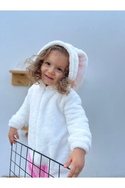 Welsoft Peluş Fermuarlı Kışlık Tavşan Kız Bebek Uyku Tulumu - BEYAZ-PEMBE