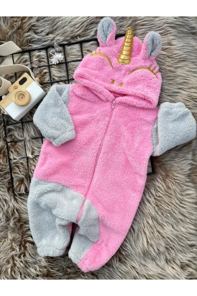 Welsoft Peluş Fermuarlı Kışlık Unicorn Kız Bebek Uyku Tulumu - PEMBE-GRİ