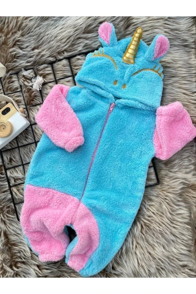 Welsoft Peluş Fermuarlı Kışlık Unicorn Kız Bebek Uyku Tulumu - TURKUAZ-PEMBE