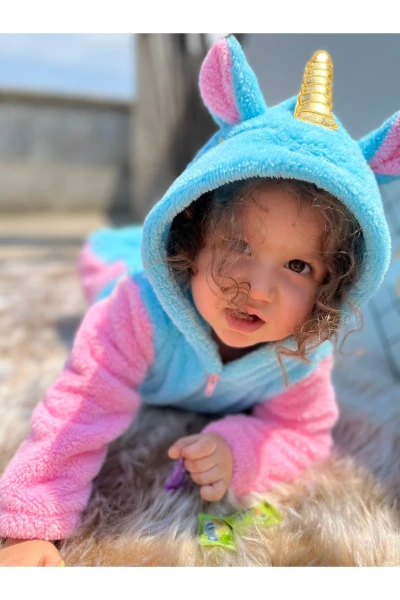 Welsoft Peluş Fermuarlı Kışlık Unicorn Kız Bebek Uyku Tulumu - TURKUAZ-PEMBE