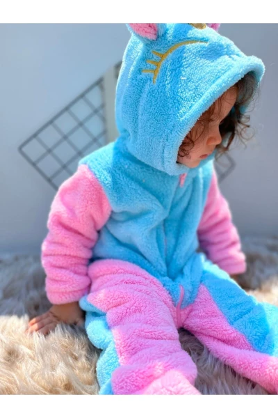 Welsoft Peluş Fermuarlı Kışlık Unicorn Kız Bebek Uyku Tulumu - TURKUAZ-PEMBE