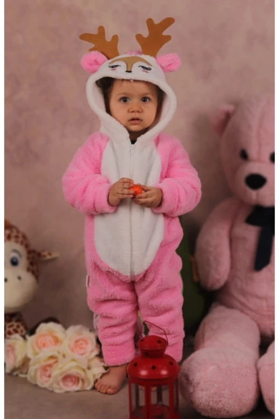 Welsoft Peluş Kız Fermuarlı Geyik Bebek Uyku Tulumu - PEMBE