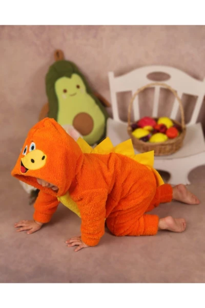 Welsoft Peluş Unisex Fermuarlı Dinazor Bebek Uyku Tulumu - TURUNCU