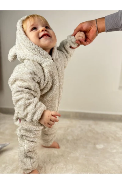 Welsoft Peluş Unisex Fermuarlı Kışlık Bebek Uyku Tulumu Bebek Tulumu Çocuk Tulumu - KIRÇILLI KAHVE