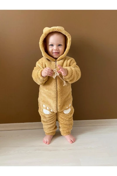 Welsoft Peluş Unisex Fermuarlı Kışlık Bebek Uyku Tulumu Bebek Tulumu Çocuk Tulumu Çocuk Kostümü - KAHVERENGİ