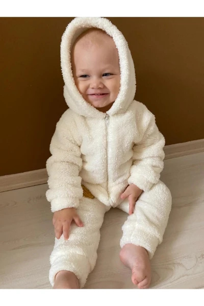 Welsoft Peluş Unisex Fermuarlı Kışlık Bebek Uyku Tulumu Bebek Tulumu Çocuk Tulumu Çocuk Kostümü - KREM