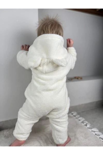 Welsoft Peluş Unisex Fermuarlı Kışlık Bebek Uyku Tulumu Bebek Tulumu Çocuk Tulumu Çocuk Kostümü - KREM