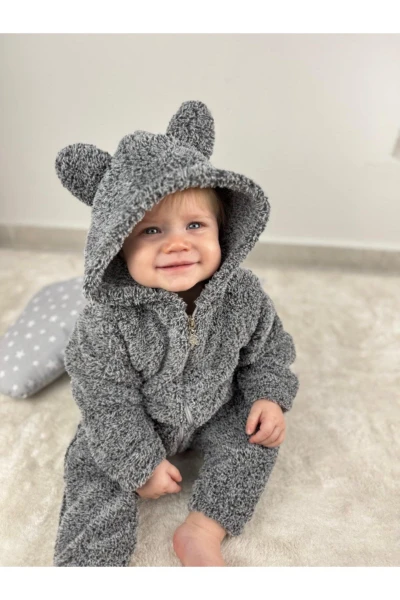 Welsoft Peluş Unisex Fermuarlı Kışlık Bebek Uyku Tulumu Bebek Tulumu Çocuk Tulumu Çocuk Kostümü - KIRÇILLI GRİ
