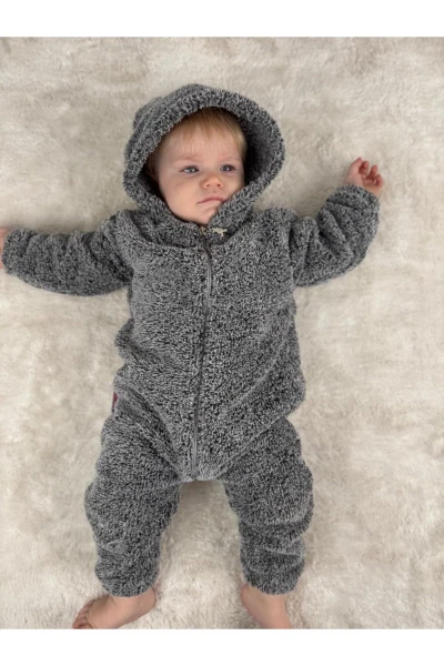 Welsoft Peluş Unisex Fermuarlı Kışlık Bebek Uyku Tulumu Bebek Tulumu Çocuk Tulumu Çocuk Kostümü - KIRÇILLI GRİ