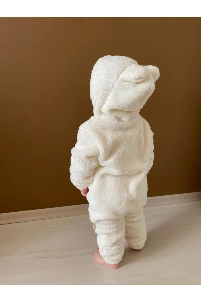 Welsoft Peluş Unisex Fermuarlı Kışlık Bebek Uyku Tulumu Bebek Tulumu Çocuk Tulumu Çocuk Kostümü - KREM