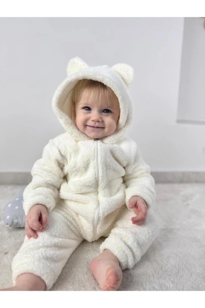 Welsoft Peluş Unisex Fermuarlı Kışlık Bebek Uyku Tulumu Bebek Tulumu Çocuk Tulumu Çocuk Kostümü - KREM