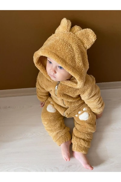 Welsoft Peluş Unisex Fermuarlı Kışlık Bebek Uyku Tulumu Bebek Tulumu Çocuk Tulumu Çocuk Kostümü - KAHVERENGİ