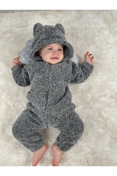 Welsoft Peluş Unisex Fermuarlı Kışlık Bebek Uyku Tulumu Bebek Tulumu Çocuk Tulumu Çocuk Kostümü - KIRÇILLI GRİ