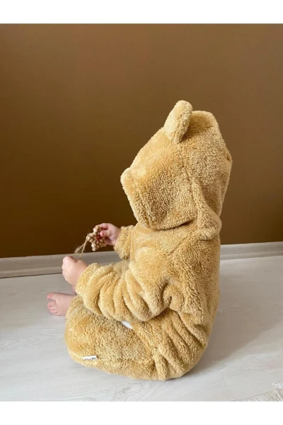 Welsoft Peluş Unisex Fermuarlı Kışlık Bebek Uyku Tulumu Bebek Tulumu Çocuk Tulumu Çocuk Kostümü - KAHVERENGİ