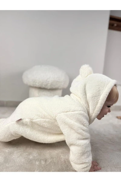 Welsoft Peluş Unisex Fermuarlı Kışlık Bebek Uyku Tulumu Bebek Tulumu Çocuk Tulumu Çocuk Kostümü - KREM