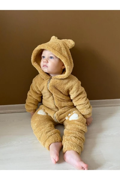 Welsoft Peluş Unisex Fermuarlı Kışlık Bebek Uyku Tulumu Bebek Tulumu Çocuk Tulumu Çocuk Kostümü - KAHVERENGİ