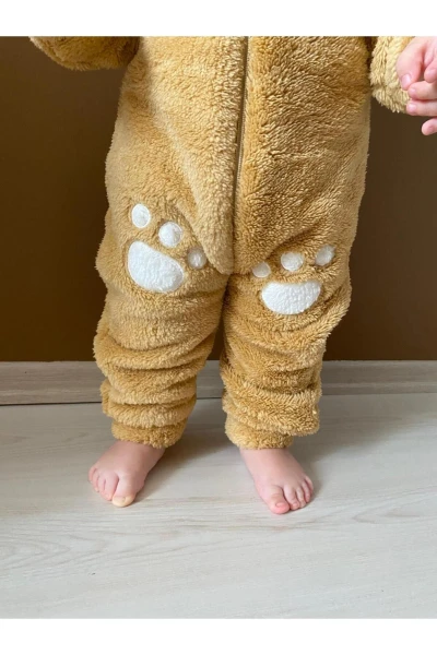 Welsoft Peluş Unisex Fermuarlı Kışlık Bebek Uyku Tulumu Bebek Tulumu Çocuk Tulumu Çocuk Kostümü - KAHVERENGİ