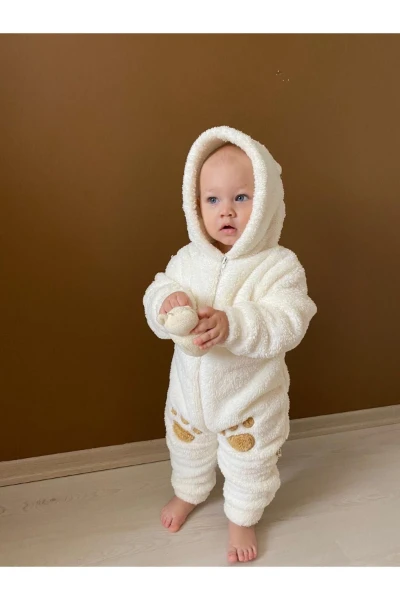 Welsoft Peluş Unisex Fermuarlı Kışlık Bebek Uyku Tulumu Bebek Tulumu Çocuk Tulumu Çocuk Kostümü - KREM