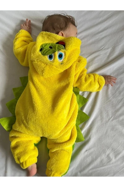Welsoft Peluş Unisex Fermuarlı Kışlık Dinozor Bebek Uyku Tulumu - SARI-YEŞİL