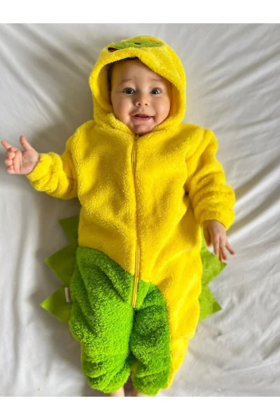 Welsoft Peluş Unisex Fermuarlı Kışlık Dinozor Bebek Uyku Tulumu - SARI-YEŞİL