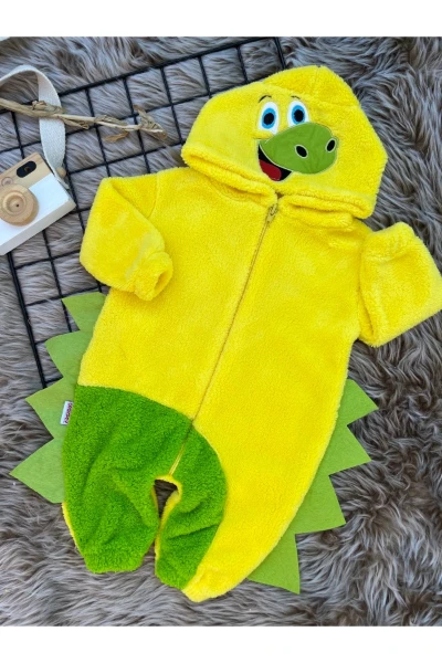 Welsoft Peluş Unisex Fermuarlı Kışlık Dinozor Bebek Uyku Tulumu - SARI-YEŞİL
