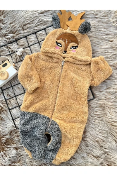 Welsoft Peluş Unisex Fermuarlı Kışlık Geyik Bebek Uyku Tulumu - KAHVERENGİ-KIRÇILLI GRİ