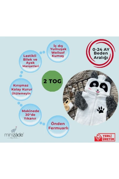 Welsoft Peluş Unisex Fermuarlı Kışlık Panda Bebek Uyku Tulumu - KIRÇILLI GRİ-BEYAZ