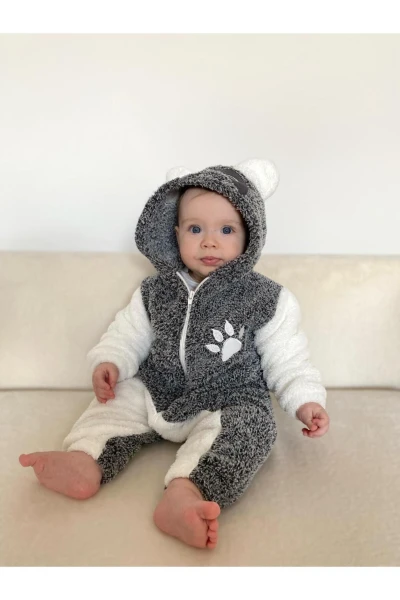 Welsoft Peluş Unisex Fermuarlı Kışlık Panda Bebek Uyku Tulumu - KIRÇILLI GRİ-BEYAZ
