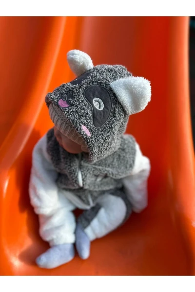 Welsoft Peluş Unisex Fermuarlı Kışlık Panda Bebek Uyku Tulumu - KIRÇILLI GRİ-BEYAZ
