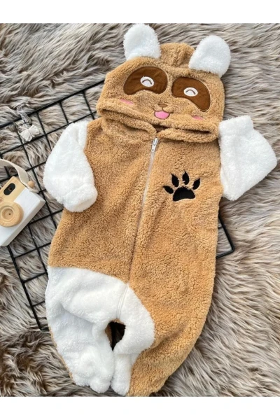 Welsoft Peluş Unisex Fermuarlı Kışlık Panda Bebek Uyku Tulumu - KAHVERENGİ-BEYAZ