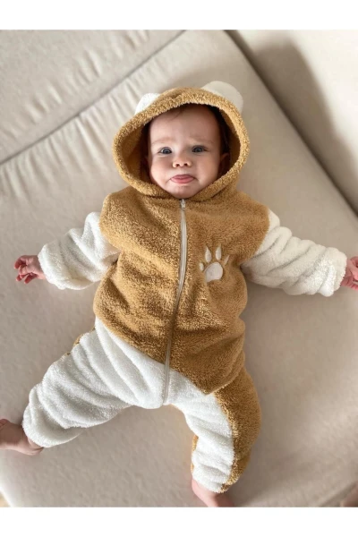 Welsoft Peluş Unisex Fermuarlı Kışlık Panda Bebek Uyku Tulumu - KAHVERENGİ-BEYAZ