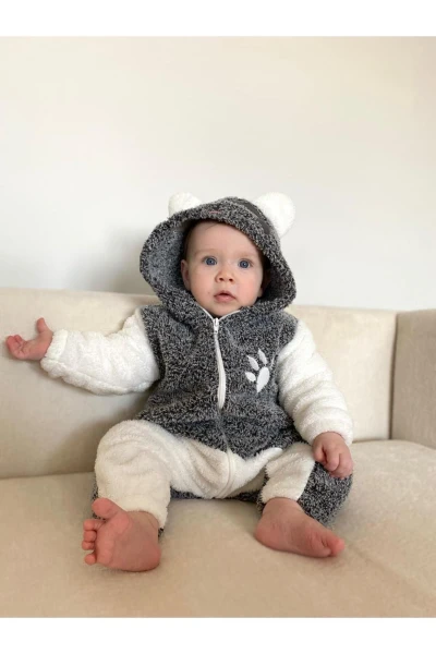 Welsoft Peluş Unisex Fermuarlı Kışlık Panda Bebek Uyku Tulumu - KIRÇILLI GRİ-BEYAZ
