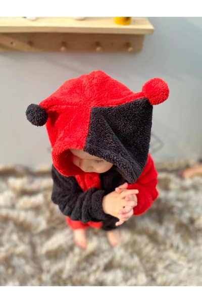 Welsoft Peluş Unisex Fermuarlı Kışlık Ponponlu Palyaço Bebek Uyku Tulumu - KIRMIZI-SİYAH