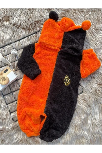 Welsoft Peluş Unisex Fermuarlı Kışlık Ponponlu Palyaço Bebek Uyku Tulumu - TURUNCU-SİYAH