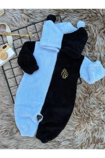 Welsoft Peluş Unisex Fermuarlı Kışlık Ponponlu Palyaço Bebek Uyku Tulumu - MAVİ-SİYAH