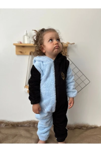 Welsoft Peluş Unisex Fermuarlı Kışlık Ponponlu Palyaço Bebek Uyku Tulumu - MAVİ-SİYAH