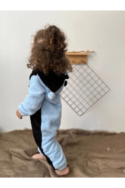 Welsoft Peluş Unisex Fermuarlı Kışlık Ponponlu Palyaço Bebek Uyku Tulumu - MAVİ-SİYAH