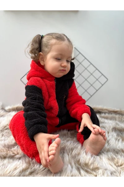 Welsoft Peluş Unisex Fermuarlı Kışlık Ponponlu Palyaço Bebek Uyku Tulumu - KIRMIZI-SİYAH