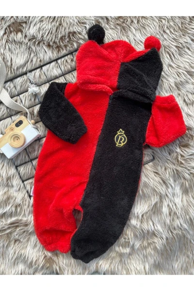 Welsoft Peluş Unisex Fermuarlı Kışlık Ponponlu Palyaço Bebek Uyku Tulumu - KIRMIZI-SİYAH