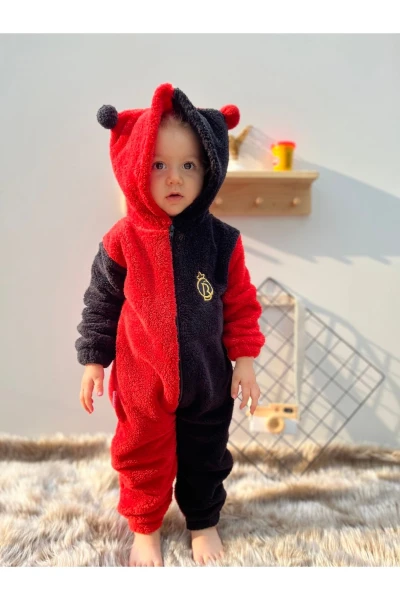 Welsoft Peluş Unisex Fermuarlı Kışlık Ponponlu Palyaço Bebek Uyku Tulumu - KIRMIZI-SİYAH