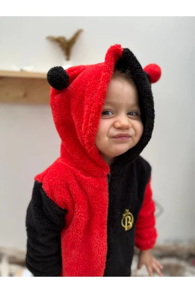 Welsoft Peluş Unisex Fermuarlı Kışlık Ponponlu Palyaço Bebek Uyku Tulumu - KIRMIZI-SİYAH