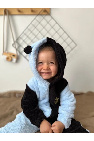 Welsoft Peluş Unisex Fermuarlı Kışlık Ponponlu Palyaço Bebek Uyku Tulumu - MAVİ-SİYAH