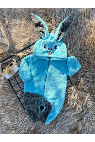 Welsoft Peluş Unisex Fermuarlı Kışlık Tavşan Bebek Uyku Tulumu - TURKUAZ-KIRÇILLI GRİ
