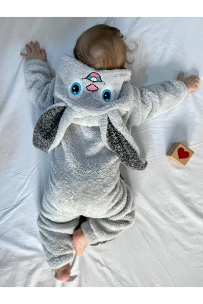 Welsoft Peluş Unisex Fermuarlı Kışlık Tavşan Bebek Uyku Tulumu - GRİ-KIRÇILLI GRİ
