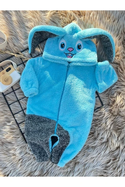 Welsoft Peluş Unisex Fermuarlı Kışlık Tavşan Bebek Uyku Tulumu - TURKUAZ-KIRÇILLI GRİ