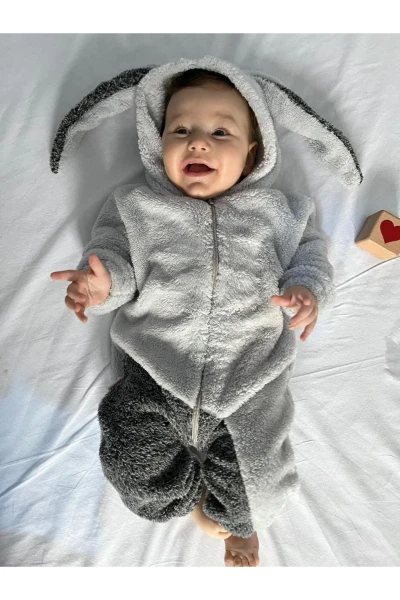 Welsoft Peluş Unisex Fermuarlı Kışlık Tavşan Bebek Uyku Tulumu - GRİ-KIRÇILLI GRİ